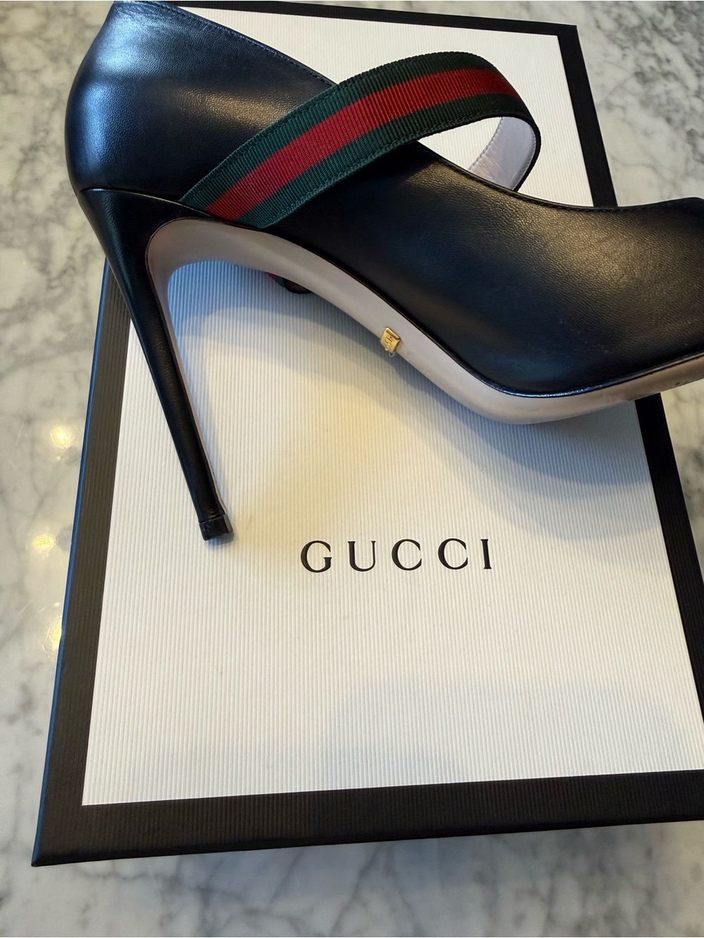Gucci Black Leather Mary Jane Pumps with Green-Red Web Strap. - Picture 6 of 6